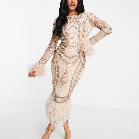 ASOS - DESIGN Embellished sequin midi dress w/ faux feather trims in gold ✨NWT - Picture 3 of 16